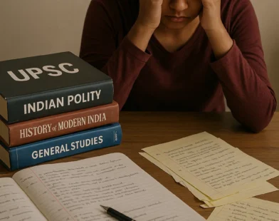 यूपीएससी किताबों और नोट के साथ खाली स्टडी टेबल, इंदौर की प्रियंशी जैसे छात्रों के तनाव को दर्शाता है।