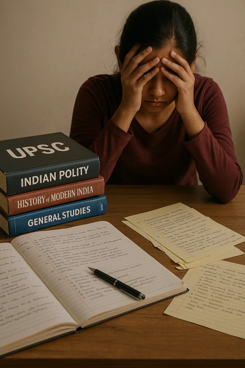यूपीएससी किताबों और नोट के साथ खाली स्टडी टेबल, इंदौर की प्रियंशी जैसे छात्रों के तनाव को दर्शाता है।