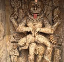 Narasimha defeating Hiranyakashipu with Prahlada in a vibrant Hindu mythology scene