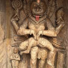 Narasimha defeating Hiranyakashipu with Prahlada in a vibrant Hindu mythology scene
