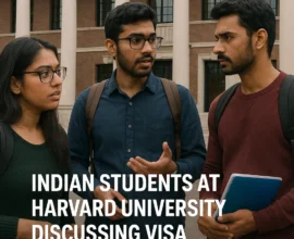 Indian students at Harvard University discussing visa challenges due to Trump administration's SEVP certification revocation.