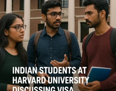 Indian students at Harvard University discussing visa challenges due to Trump administration's SEVP certification revocation.