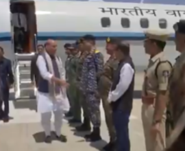Defence Minister Rajnath Singh arriving at Srinagar Air Base on May 15, 2025, to review security and meet Indian Air Force personnel after Operation Sindoor