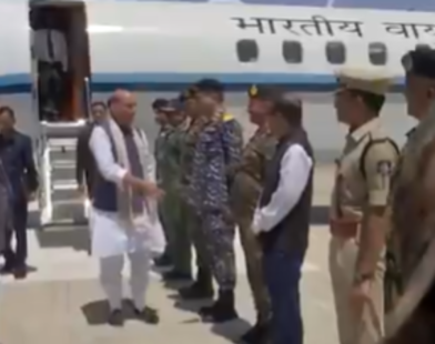 Defence Minister Rajnath Singh arriving at Srinagar Air Base on May 15, 2025, to review security and meet Indian Air Force personnel after Operation Sindoor