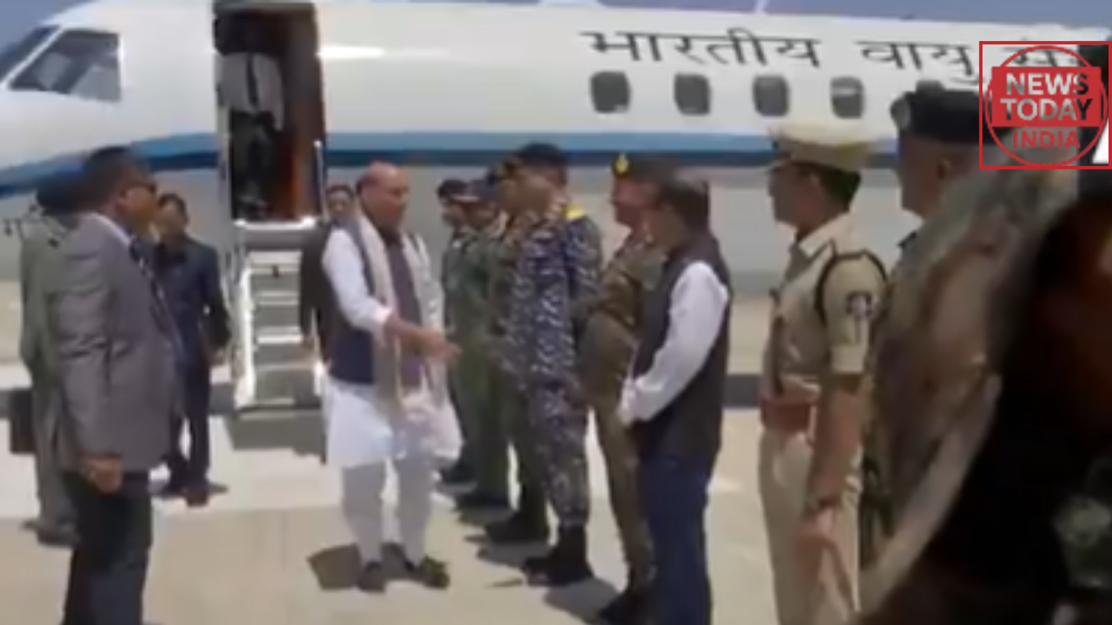 Defence Minister Rajnath Singh arriving at Srinagar Air Base on May 15, 2025, to review security and meet Indian Air Force personnel after Operation Sindoor