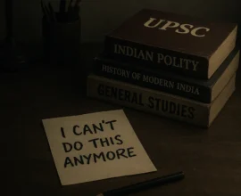 A somber image of a study desk with UPSC books and a note, symbolizing the stress faced by aspirants like Priyanshi in Indore.
