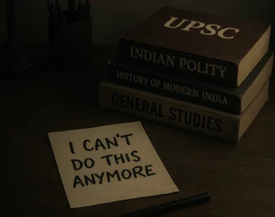 A somber image of a study desk with UPSC books and a note, symbolizing the stress faced by aspirants like Priyanshi in Indore.