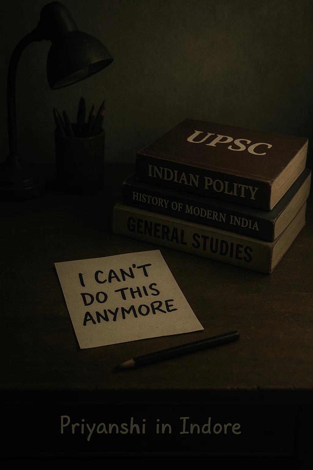 A somber image of a study desk with UPSC books and a note, symbolizing the stress faced by aspirants like Priyanshi in Indore.