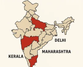 Map of India highlighting COVID-19 cases in Kerala, Maharashtra, Delhi, with 3,961 total cases as of June 3, 2025. Visit News Today India for details.