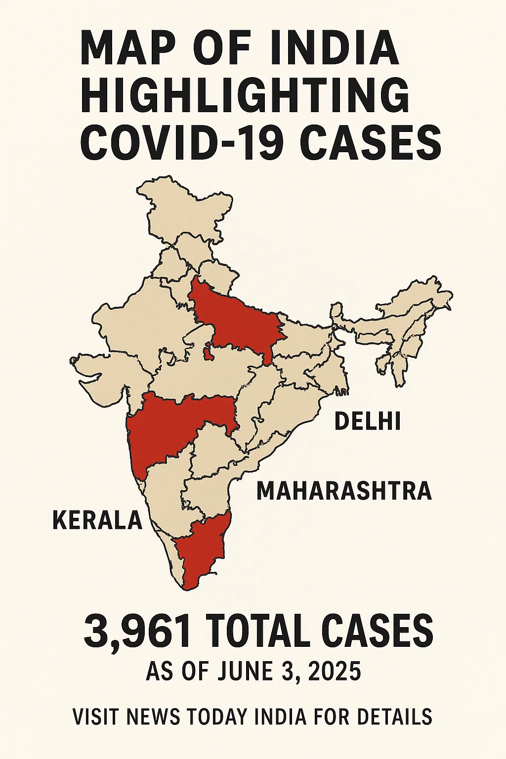 Map of India highlighting COVID-19 cases in Kerala, Maharashtra, Delhi, with 3,961 total cases as of June 3, 2025. Visit News Today India for details.